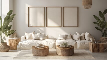 Fototapeta premium A light and airy living room, where soft, neutral tones dominate. Three large framed artworks