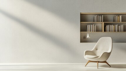 Serene Reading Nook: Cozy Minimalist Interior with Plush Chair and Soft Lighting