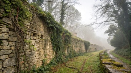 Ancient stone wall with vines and moss in a misty atmosphere, natural, stone wall, history