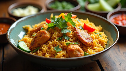 Fototapeta premium Bowl of Delicious Chicken Biryani with Attractive Garnish, Authentic Indian Cuisine. 