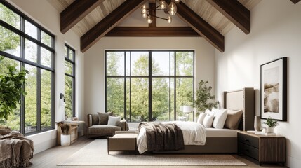 Obraz premium Cozy modern bedroom with natural light and greenery