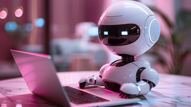 cute robot working on laptop