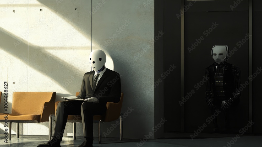 Poster a human candidate and an ai robot quietly compare notes in a chic office lobby, waiting for their na