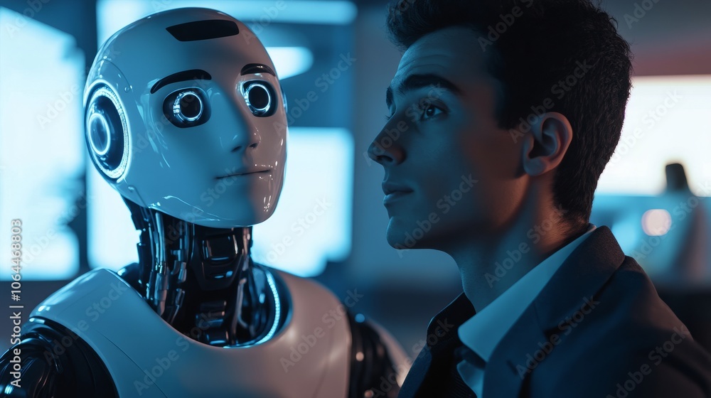 Poster a man adjusts his collar nervously while sitting next to an ai robot in a sharp blazer, both waiting