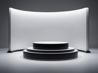 A minimalist, modern stage with ascending black platforms featuring white tops and illuminated borders. A curved, glowing backdrop adds sophistication, ideal for product showcases or presentations. 