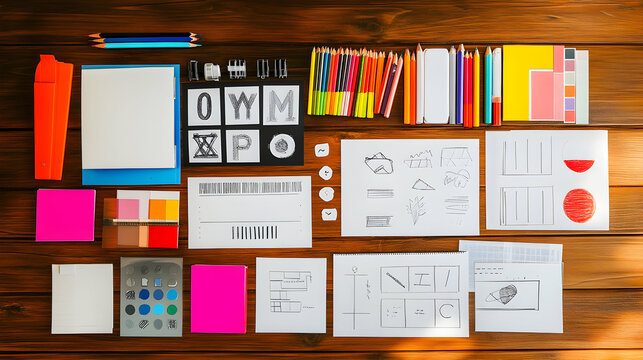 Flat lay of a designer's workspace with stationery, color palettes, and sketches.