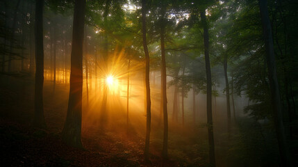 Golden sunlight rays pierce through a misty forest, illuminating the trees and creating a magical atmosphere.