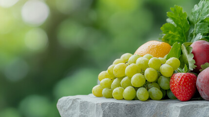 Panorama of fresh vegetables and fruits on blurred background of green leaves