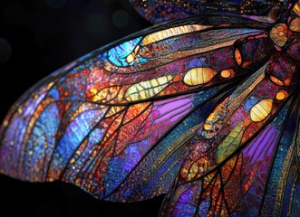 Close-up of a colorful butterfly wing with intricate patterns and textures.