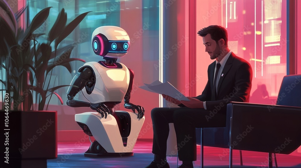 Poster a well-groomed man fidgets with his paperwork, while a sophisticated ai robot calmly observes him in