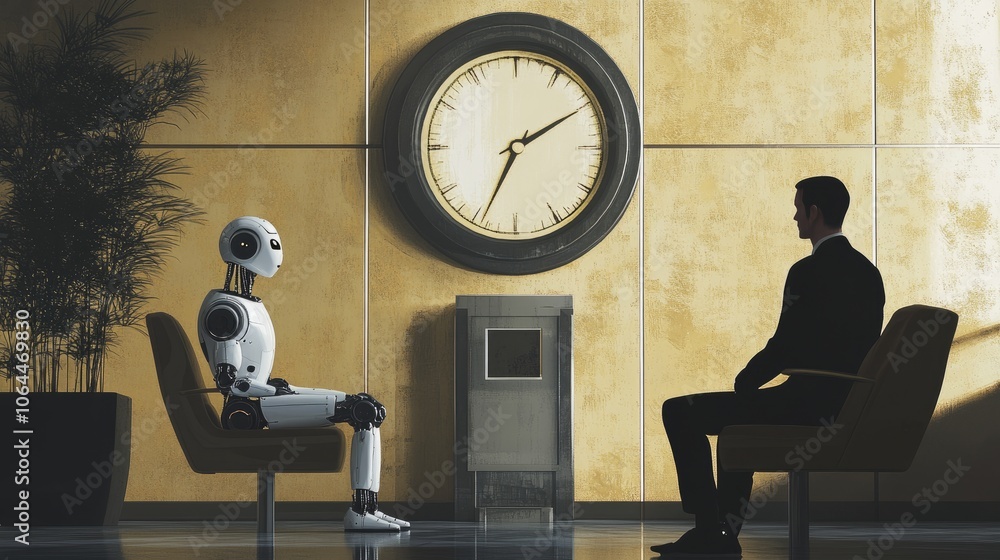 Aufkleber an ai robot and a well-dressed man share a moment of silence in a modern office lobby, both looking 
