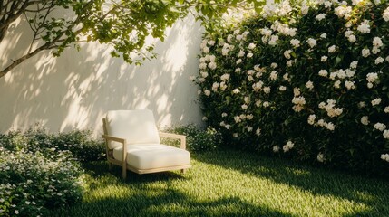 Serene Oasis - Tranquil Minimalist Garden Space with Warm-Toned Flowers and Minimalist Seating