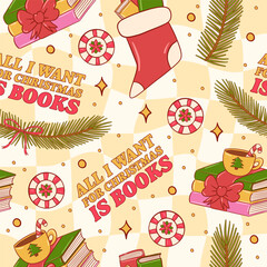 Festive Christmas Pattern with Books and Holiday Elements