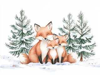 Cheerful watercolor style woodland fox family surrounded by snowy trees. This delightful scene captures warmth and joy of family in winter setting