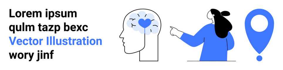 Woman pointing at blue location pin, head outline with heart icon inside, placeholder text on left side. Ideal for navigation guides, health apps, educational content, mental wellness, location