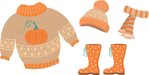 A set of autumn clothes, hand-painted: hat, sweater, scarf, rubber boots. The concept of a seasonal poster, postcards, invitations, stickers