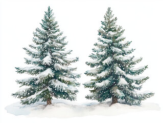 Obraz premium cozy watercolor style scene featuring two snow covered pine trees, surrounded by serene winter landscape. gentle snowfall adds peaceful touch to this woodland setting