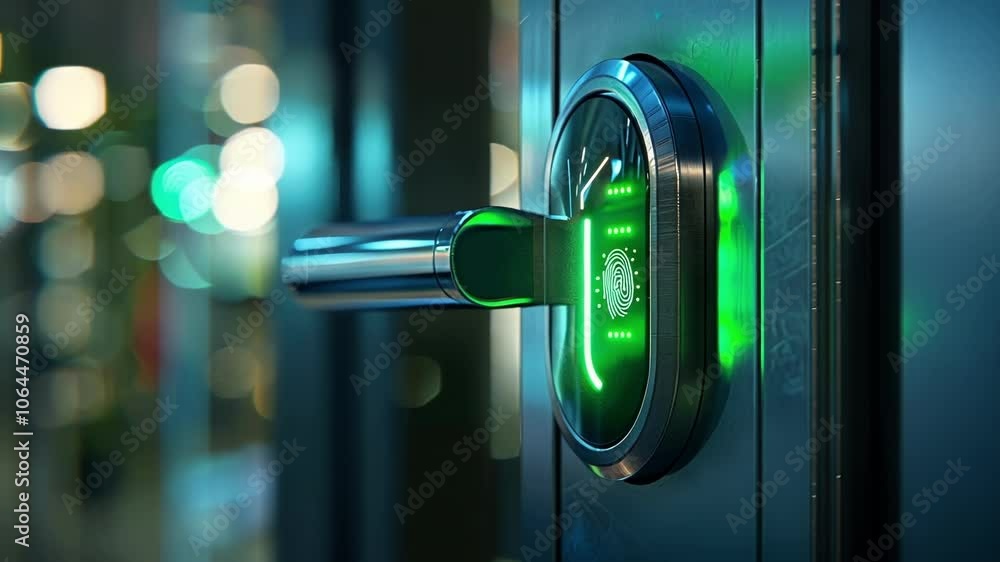 Aufkleber close up view of a modern door handle with a glowing green fingerprint scanner, suggesting advanced 
