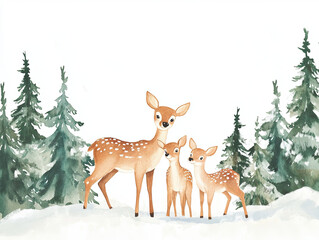 friendly watercolor style woodland deer family stands among evergreen trees, evoking serene and peaceful atmosphere