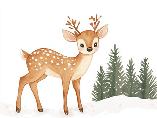 Fototapeta premium joyful watercolor style winter deer fawn standing in snowy landscape, surrounded by evergreen trees. This charming illustration captures essence of winter