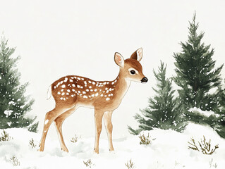 Obraz premium joyful watercolor style winter deer fawn stands amidst snowy trees, capturing serene beauty of nature. This charming scene evokes sense of peace and wonder