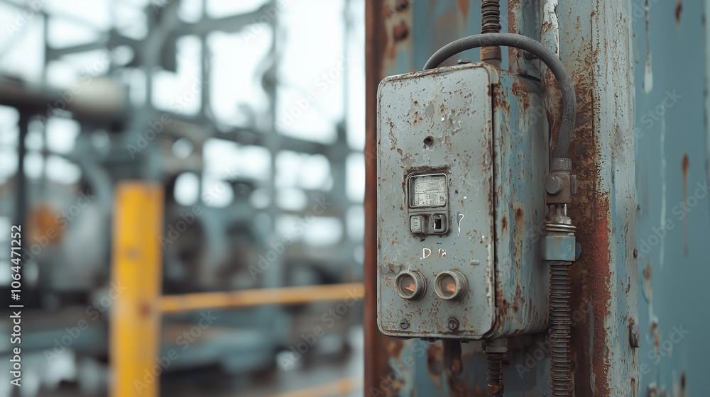 Poster industrial control panel: close-up of a weathered and rusty control panel with a digital display, su