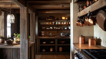 Rustic Kitchen with Wooden Accents and Copper Cookware