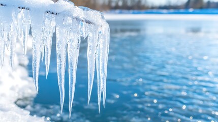A close-up shot of sparkling icicles gracefully formed at the edge of a frozen lake, with the pristine ice glistening in the sunlight. The composition allows for generous text space, making it ideal