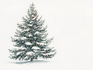 Fototapeta premium snowy evergreen tree adorned with red ornaments, creating festive winter scene. watercolor style adds playful touch to this serene landscape