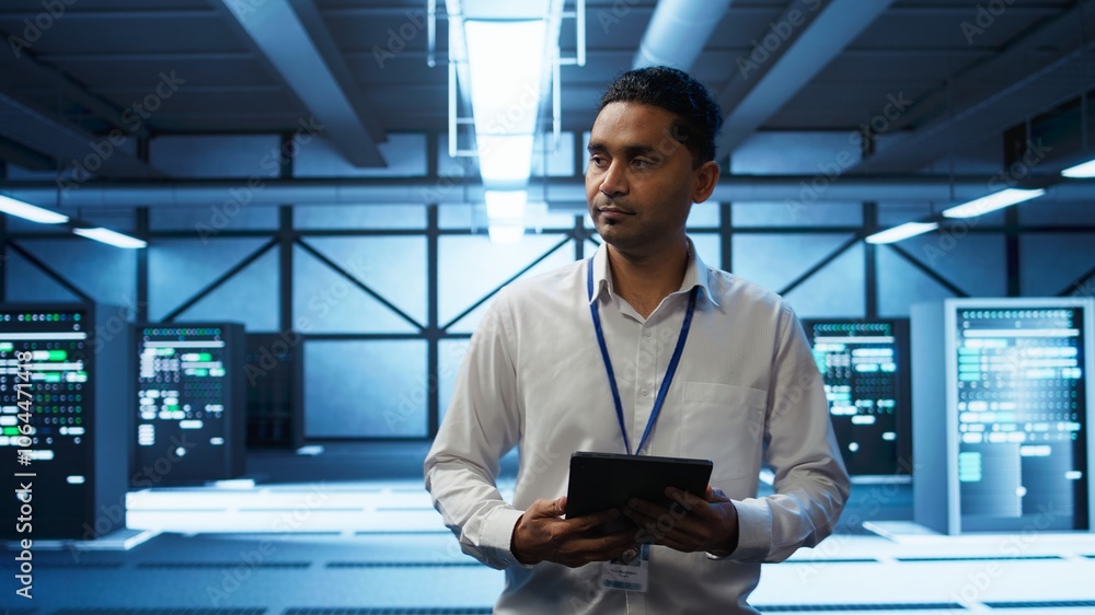 Poster system administrator walks in data center used for managing gear energy consumption, working on tabl