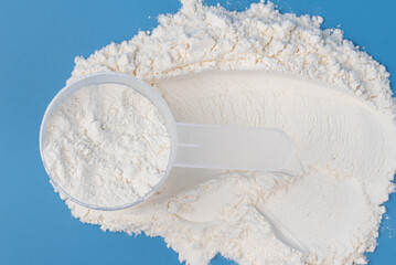 White protein powder, collagen supplement, or baby formula in measuring scoop on blue background. Concept of health, wellness, child food nutrition, fitness, skincare, and childcare. 