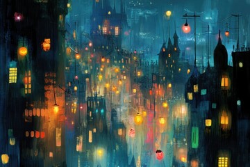 Fototapeta premium Whimsical nighttime cityscapes filled with colorful lights and dreamy architecture
