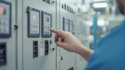 Close-up of a Hand Controlling Industrial Panel: A hand delicately presses a button on a complex industrial control panel.