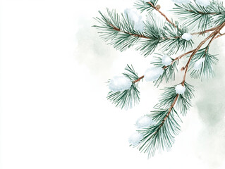 Obraz premium Cheerful watercolor style frosted pine branch with snow, evoking winter beauty and tranquility. Perfect for seasonal decor and holiday themes