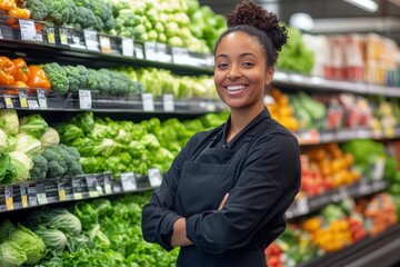 A smiling grocery store employee stands in front of shelves filled with fresh vegetables