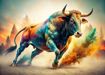 Fototapeta premium Dynamic Bull Charging Forward - Power, Strength, and Energy in Minimalistic Backdrop