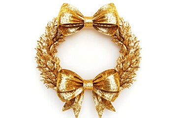 Fototapeta premium Golden Christmas wreath with pine cones and ribbon