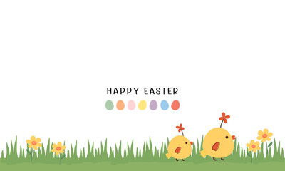 Happy Easter day with green lawn, Easter egg, hand written fonts, yellow flower and little chicken icon signs on white background vector.