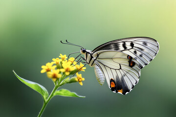 Beautiful butterfly perched on a vibrant yellow flower against a soft green background.