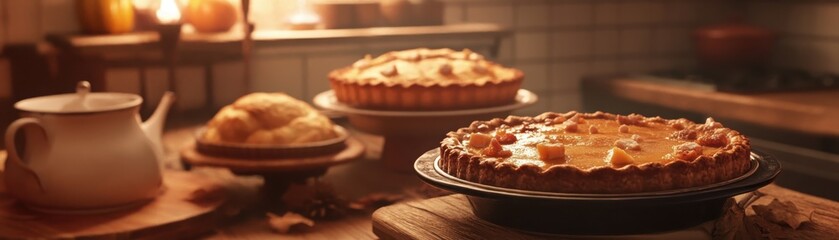 Delightful thanksgiving pie assortment on a rustic kitchen table surrounded by cozy autumn decor