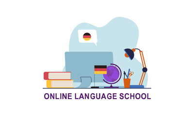 Online language school banner. Concept of digital training foreign languages, distance study