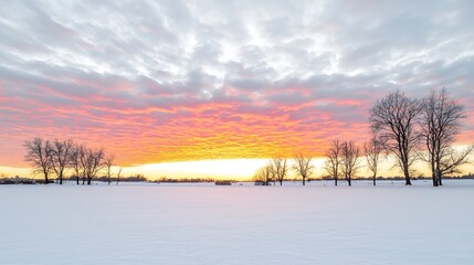 An enchanting winter sunset casting a golden glow over a frosty landscape, with silhouettes of barren trees adding depth to the scene. The vibrant colors create a dramatic backdrop, providing a