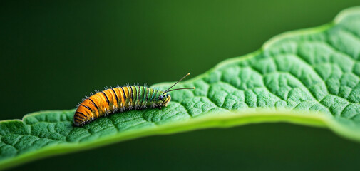 Caterpillar resting on a green leaf in a natural setting.