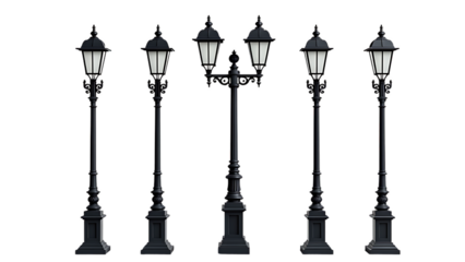 Black street lamp post on white background..