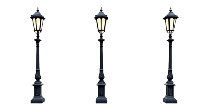 Black street lamp post on white background..