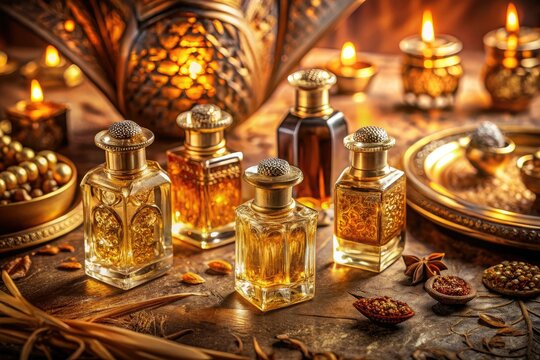 Elegant Arabian Oud Attar Perfume Bottles - Candid Photography of Essential Oils for Wellness and Luxury