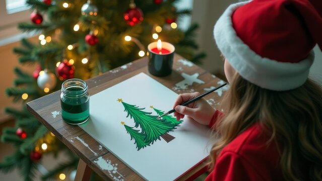 Child girl painting Christmas tree on New Year holidays at home, happy smiling kid playing, making art project in Santa Claus hat