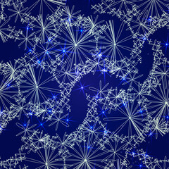 On a dark background, there are white snowflakes and bright glowing stars.