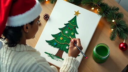 Child girl painting Christmas tree on New Year holidays at home, happy smiling kid playing, making art project in Santa Claus hat - Powered by Adobe