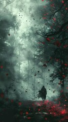 Fototapeta premium A Lonely Figure Walks Through a Dark and Foggy Forest Path